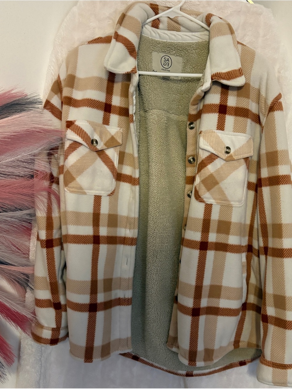 Plaid Sherpa-Lined Shacket - Cream & Brown